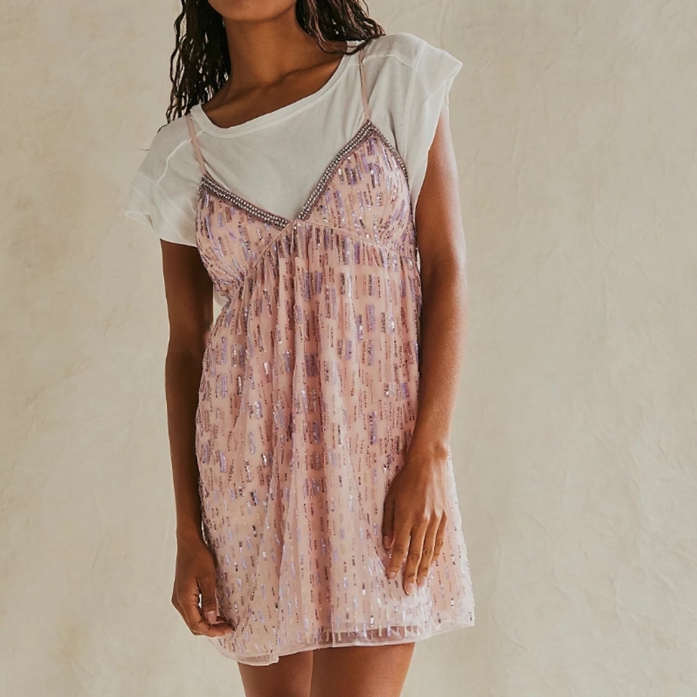 NEW FREE PEOPLE Dance Party Mini Dress Embellished beaded parfait pink combo L - Picture 4 of 5